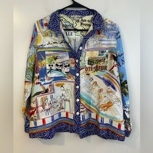John Mark Oversized Travel Map French Rivera Paradiso Button Down Shirt Size PM